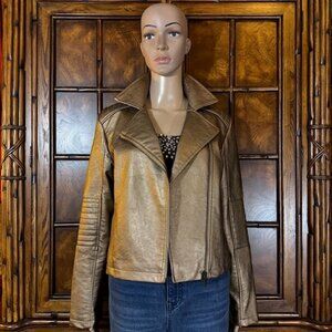 Tribal Jeans Bronze Gold Pebble Texture Faux Leather Moto Jacket
